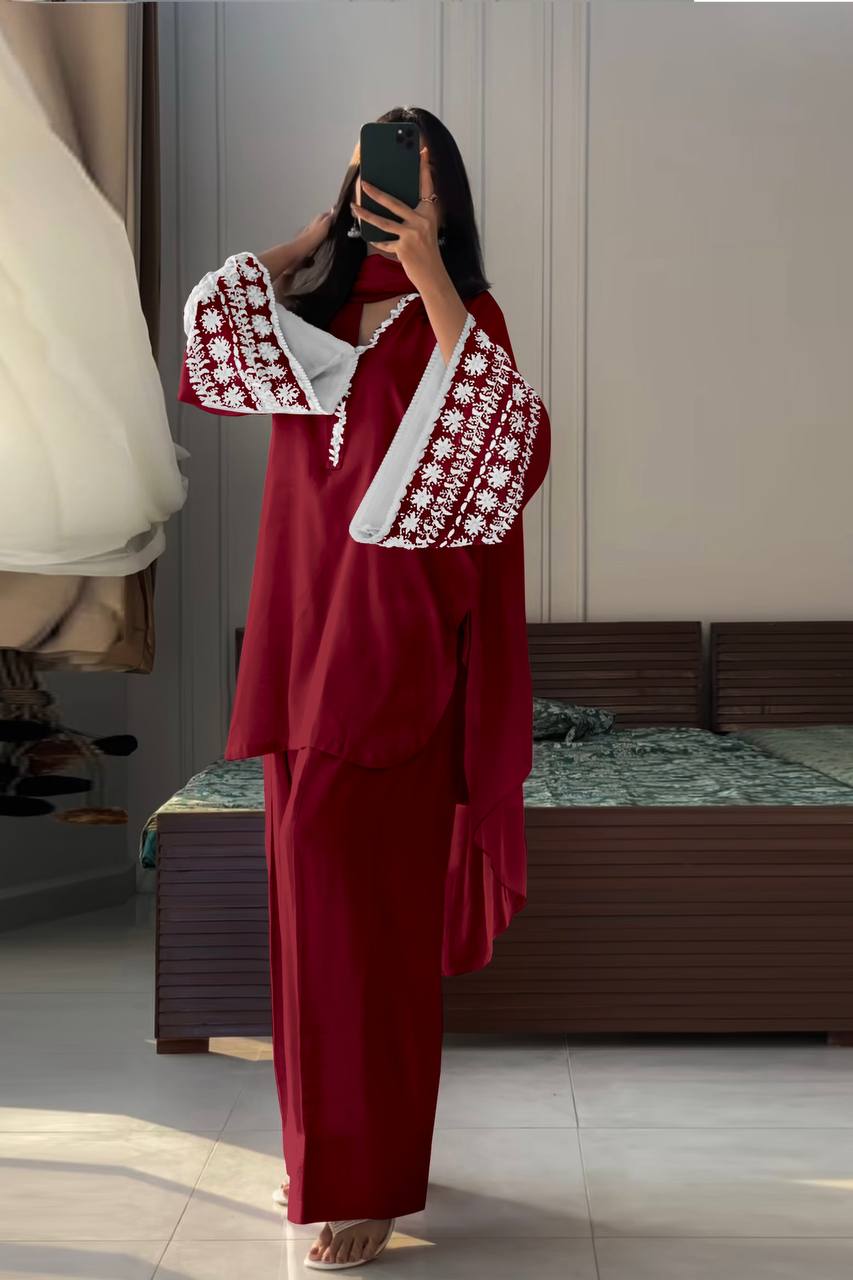 Function Wear Maroon Color Natural Satin With Embroidery Work Beautiful Palazzo Suit
