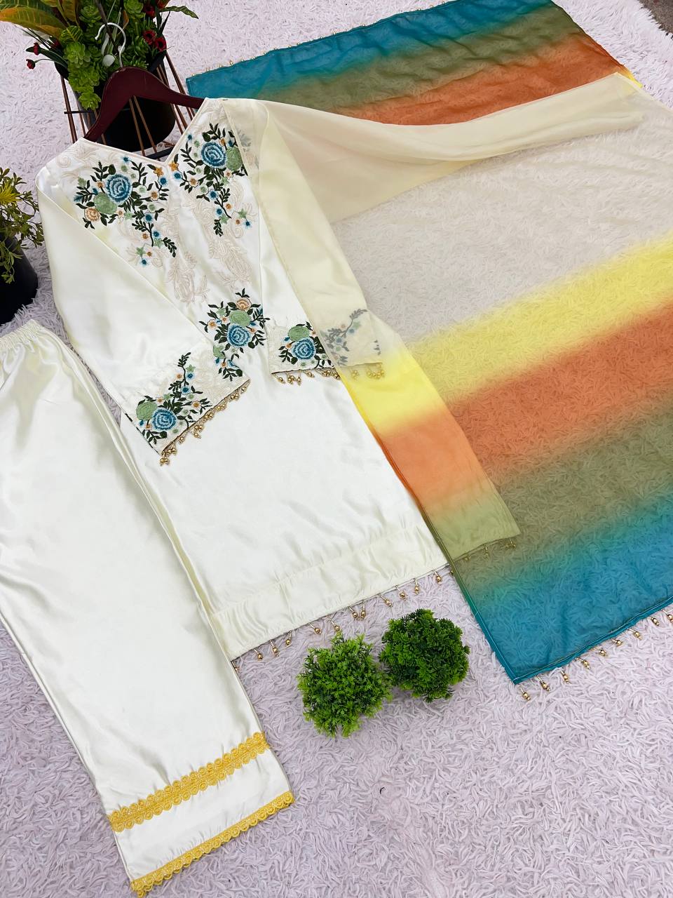 Preferable White Color Moss Satin With Heavy Embroidery Sequence Work Palazzo Suit