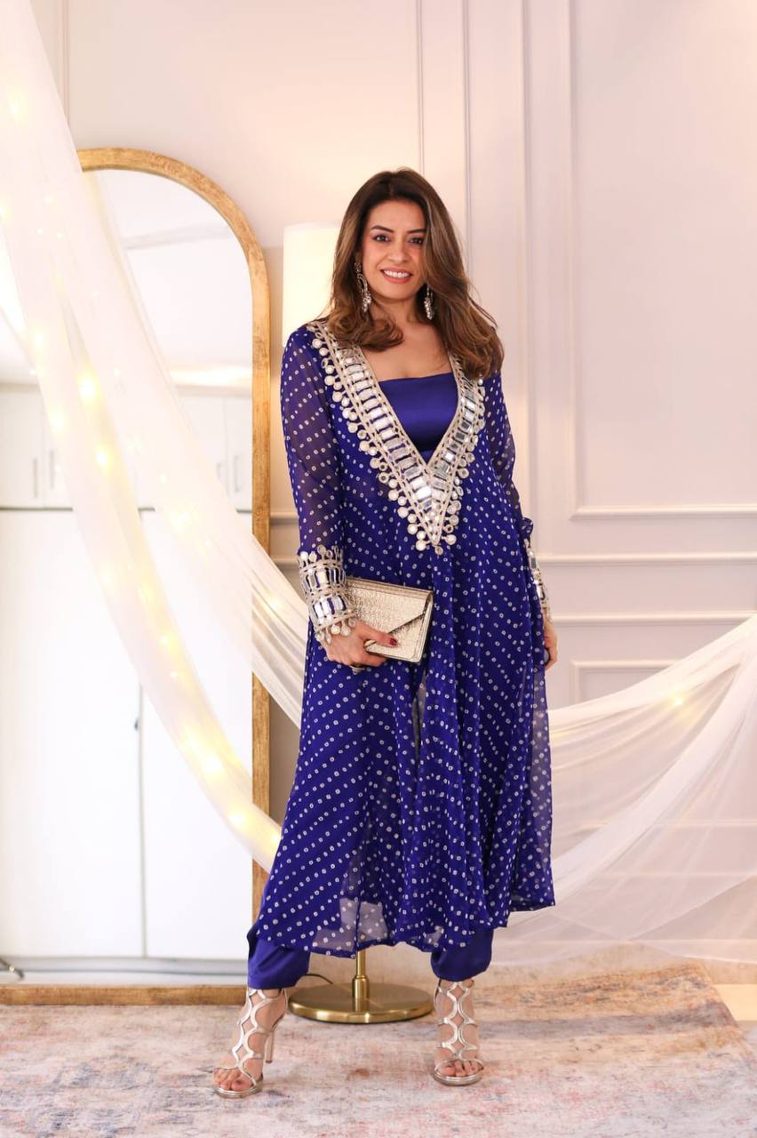 Celebrity Style Blue Color Georgette Digital Print Emroidery And Mirror Work Salwar Suit