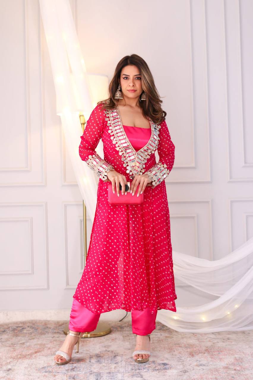 Celebrity Style Pink Color Georgette Digital Print Emroidery And Mirror Work Salwar Suit