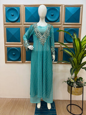 Celebrity Style Sky Blue Color Georgette Digital Print Emroidery And Mirror Work Salwar Suit