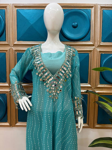 Celebrity Style Sky Blue Color Georgette Digital Print Emroidery And Mirror Work Salwar Suit