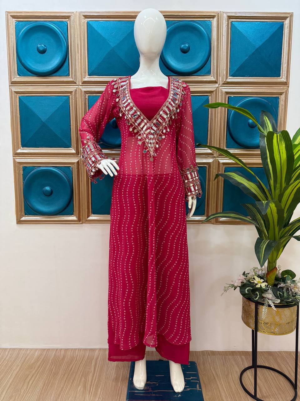 Celebrity Style Pink Color Georgette Digital Print Emroidery And Mirror Work Salwar Suit