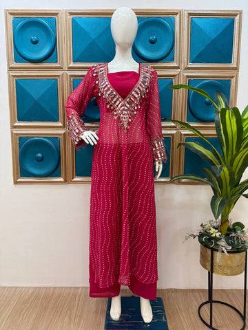 Celebrity Style Pink Color Georgette Digital Print Emroidery And Mirror Work Salwar Suit