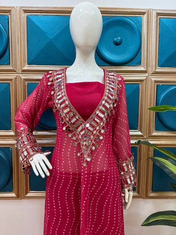 Celebrity Style Pink Color Georgette Digital Print Emroidery And Mirror Work Salwar Suit