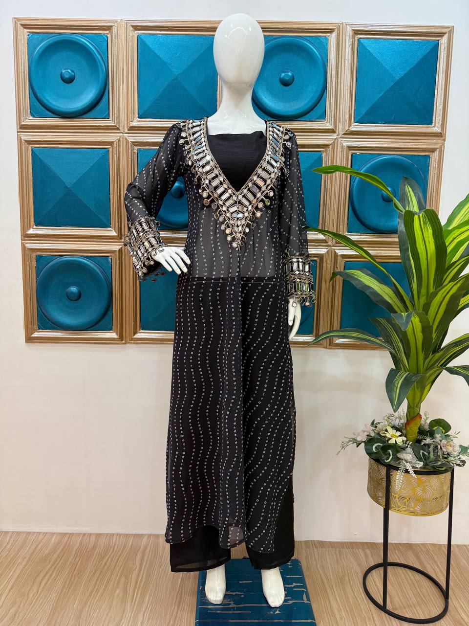 Celebrity Style Black Color Georgette Digital Print Emroidery And Mirror Work Salwar Suit