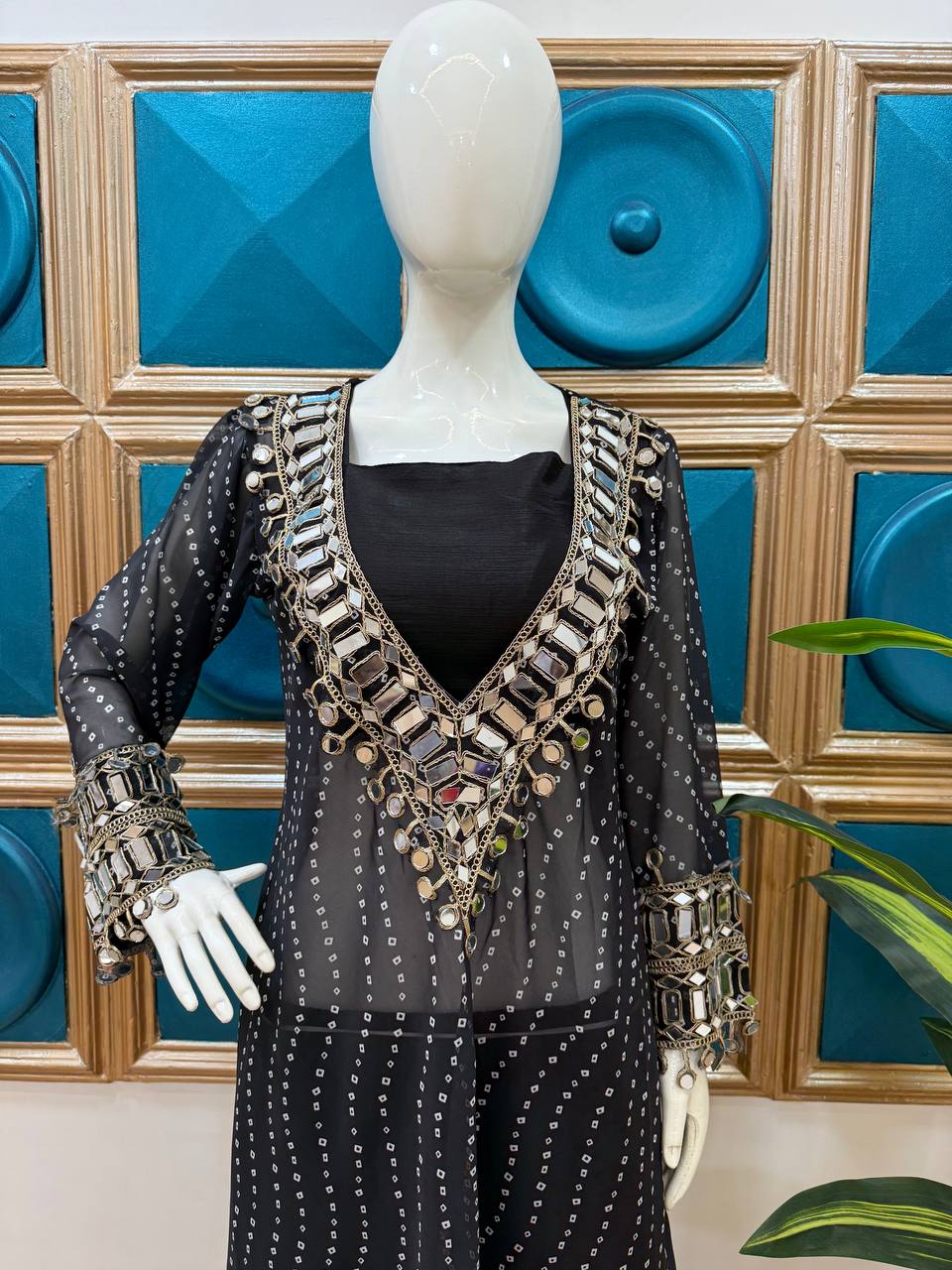 Celebrity Style Black Color Georgette Digital Print Emroidery And Mirror Work Salwar Suit