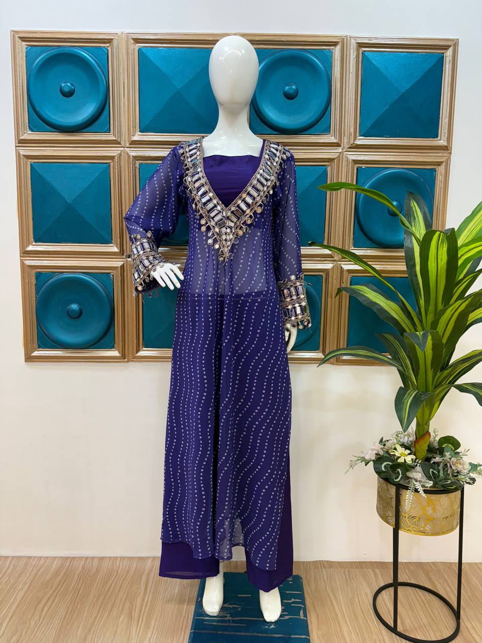 Celebrity Style Blue Color Georgette Digital Print Emroidery And Mirror Work Salwar Suit