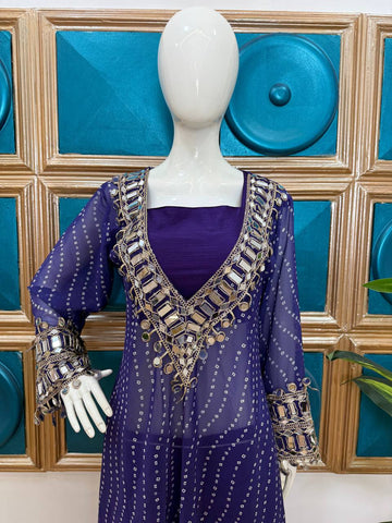 Celebrity Style Blue Color Georgette Digital Print Emroidery And Mirror Work Salwar Suit