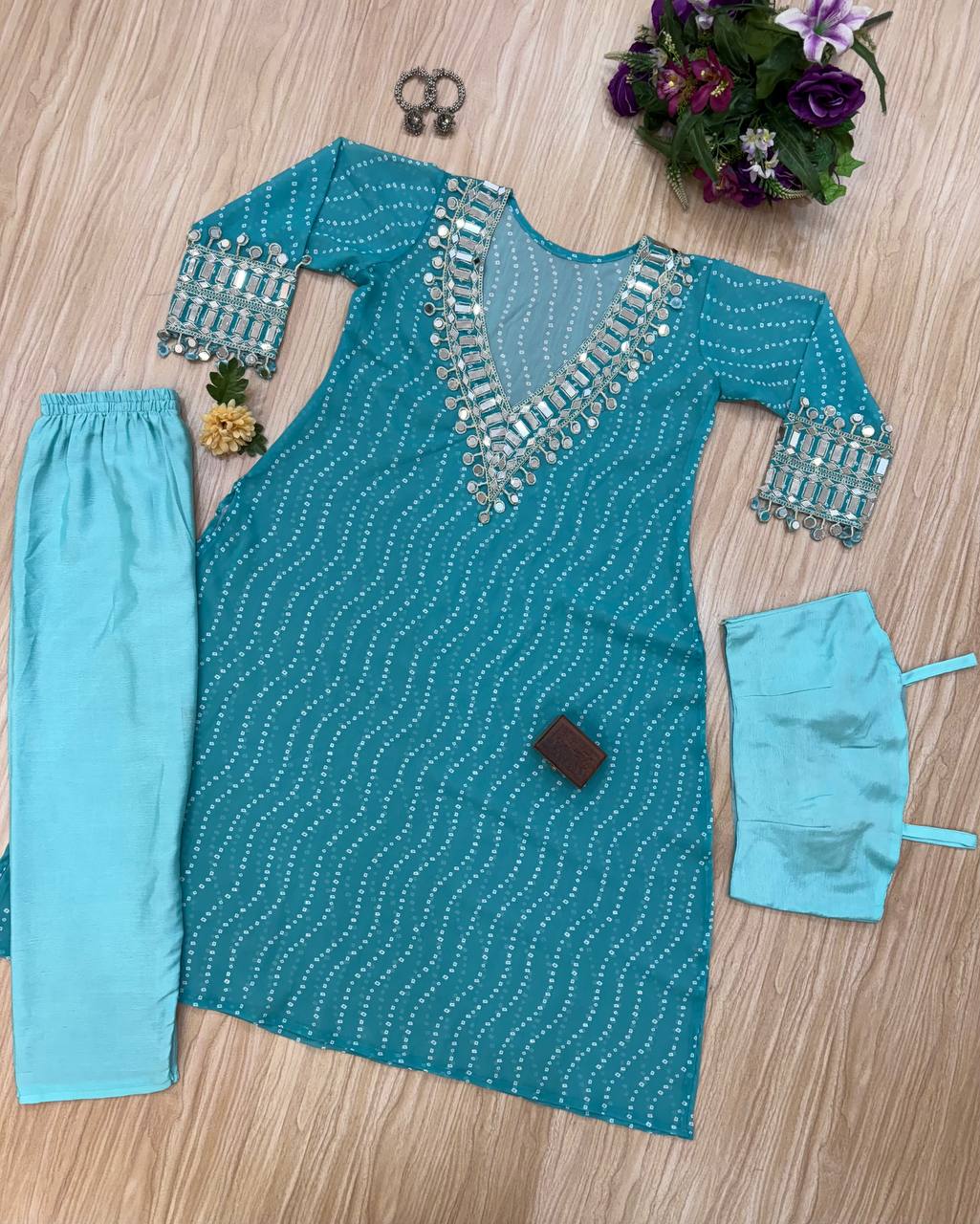 Celebrity Style Sky Blue Color Georgette Digital Print Emroidery And Mirror Work Salwar Suit