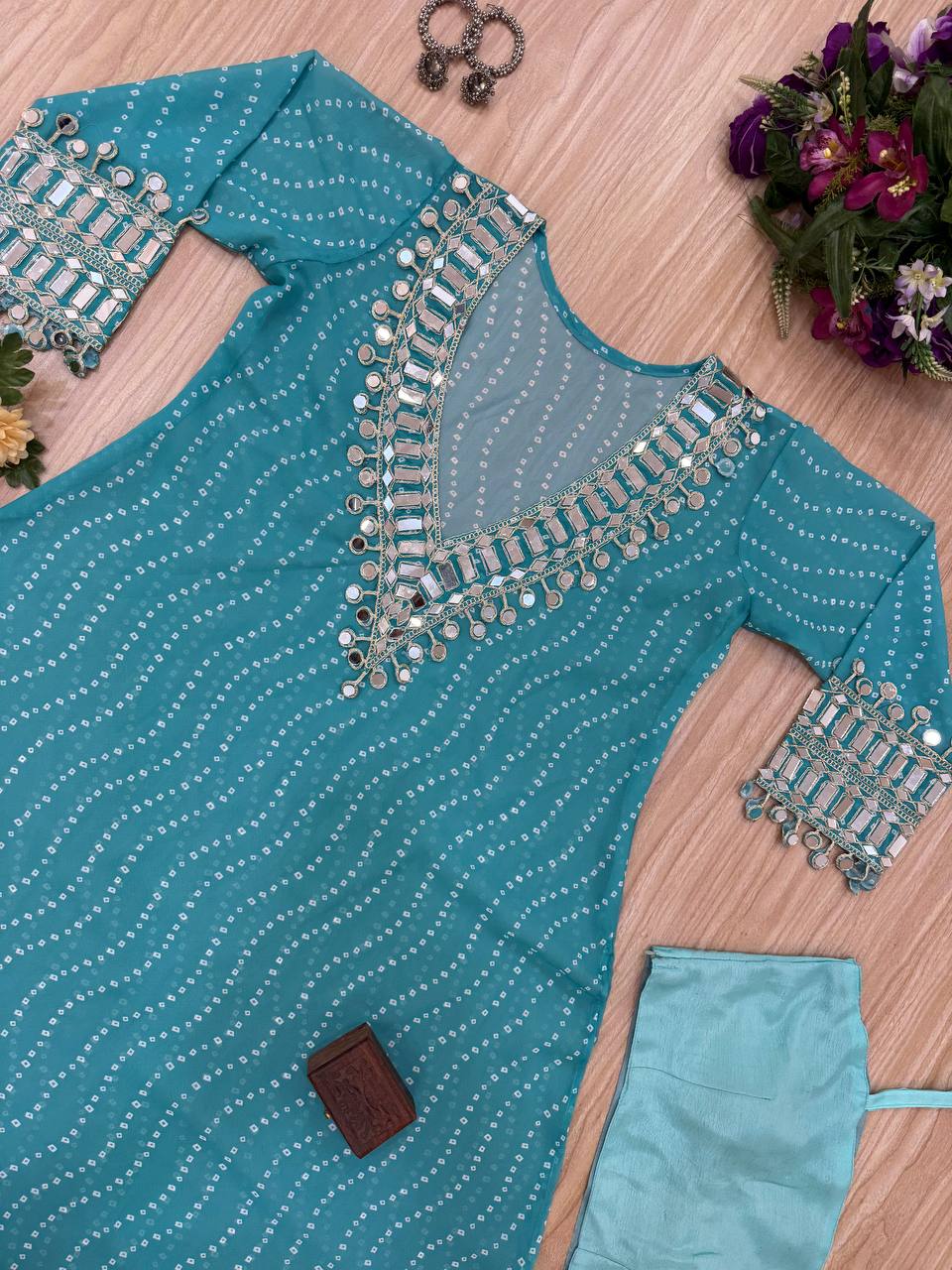 Celebrity Style Sky Blue Color Georgette Digital Print Emroidery And Mirror Work Salwar Suit