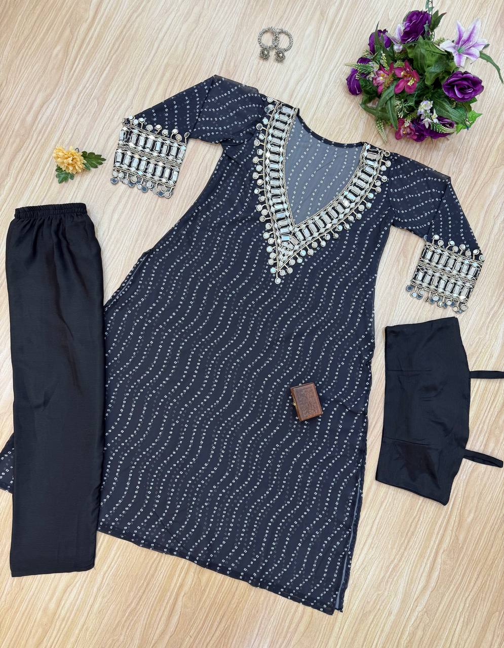 Celebrity Style Black Color Georgette Digital Print Emroidery And Mirror Work Salwar Suit