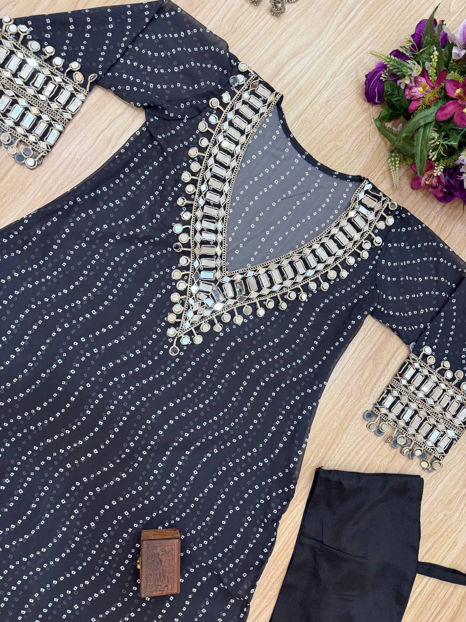 Celebrity Style Black Color Georgette Digital Print Emroidery And Mirror Work Salwar Suit