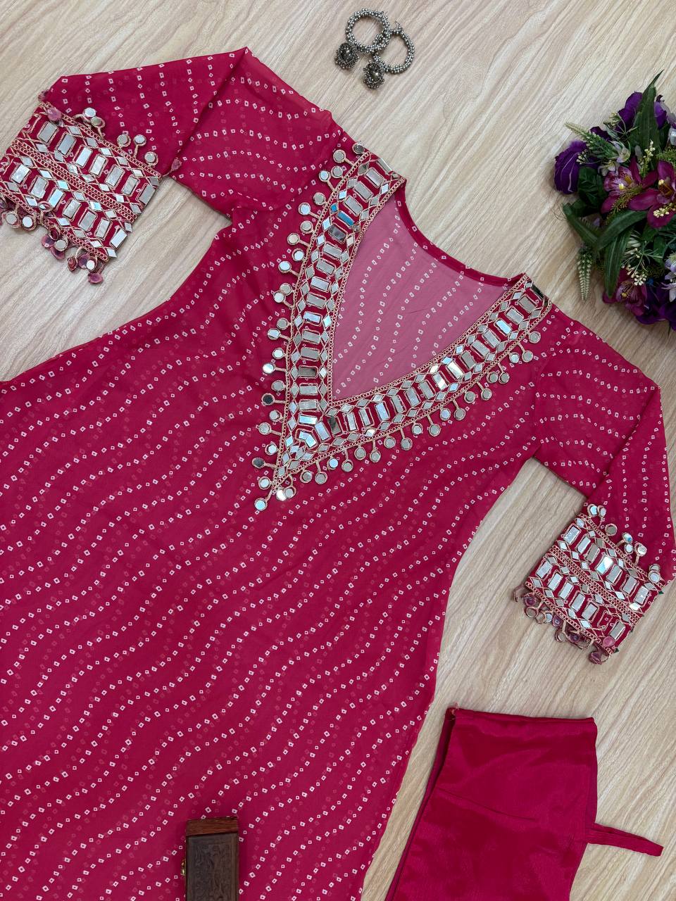 Celebrity Style Pink Color Georgette Digital Print Emroidery And Mirror Work Salwar Suit