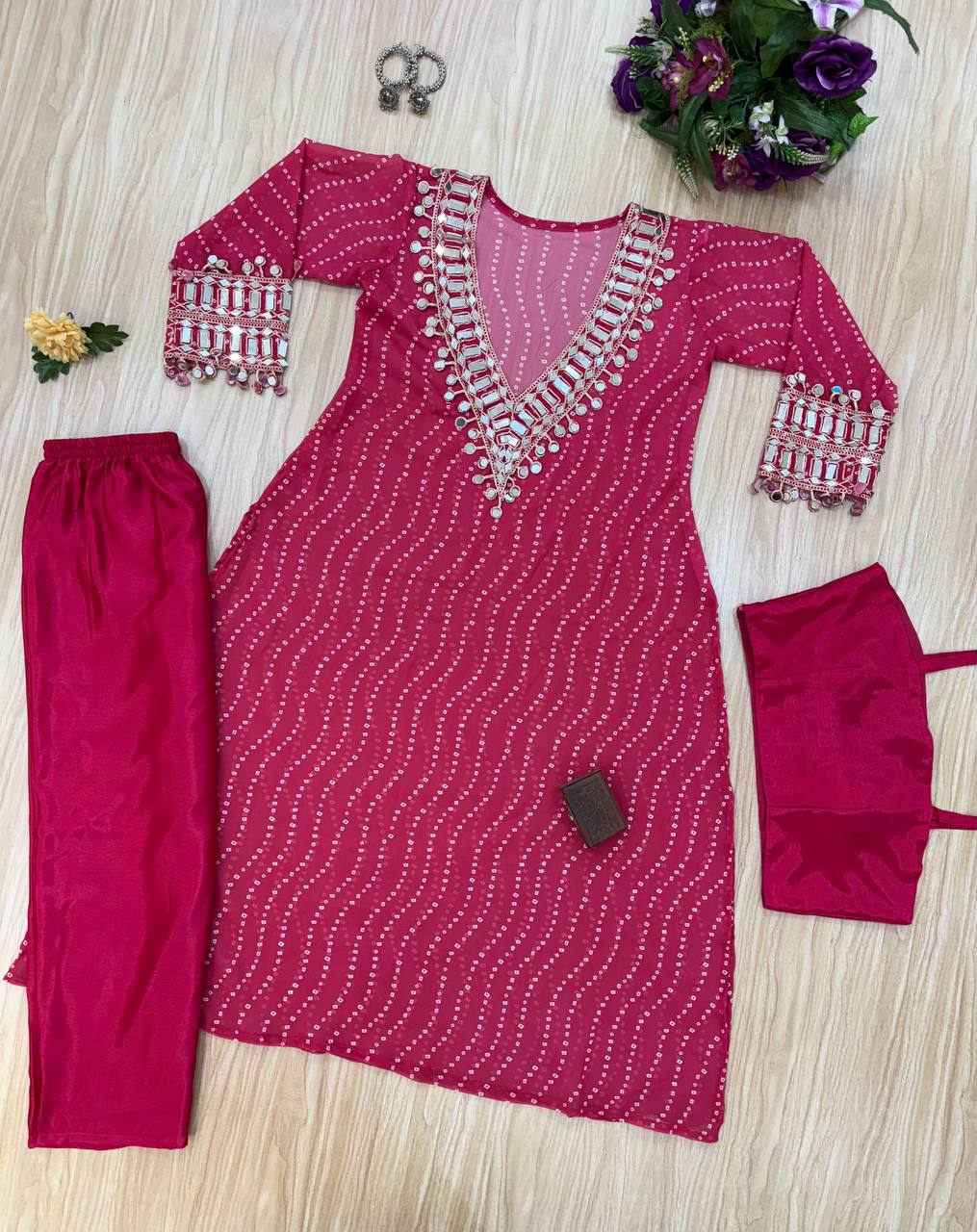 Celebrity Style Pink Color Georgette Digital Print Emroidery And Mirror Work Salwar Suit