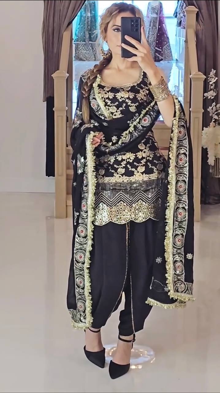 Classic Black Color Heavy Natural Crepe Silk With Sequence Work Dhoti Suit