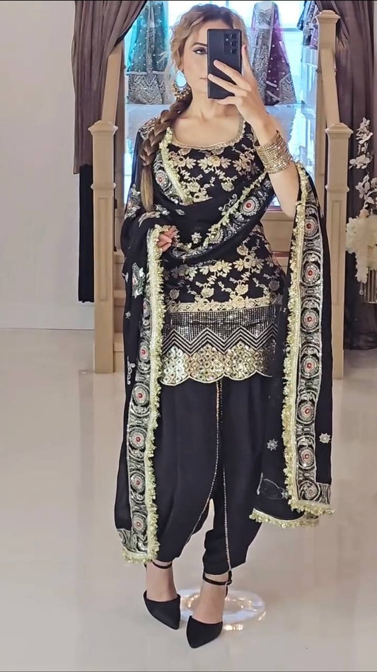 Classic Black Color Heavy Natural Crepe Silk With Sequence Work Dhoti Suit