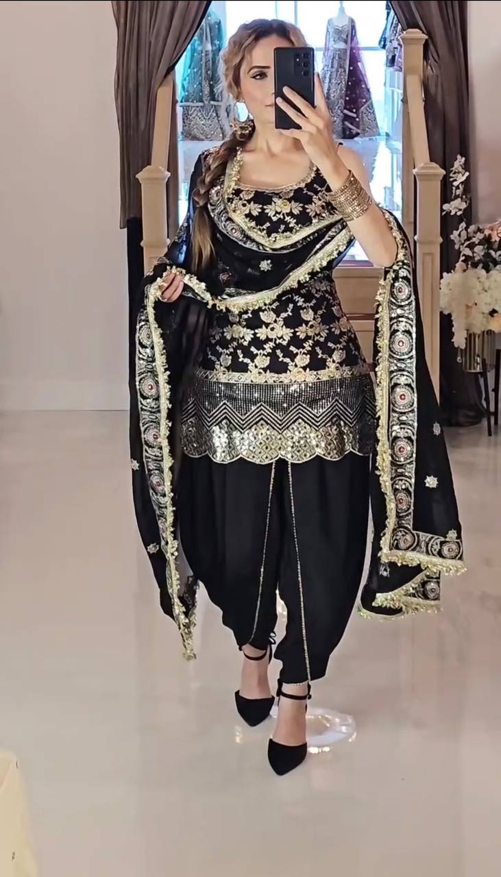 Classic Black Color Heavy Natural Crepe Silk With Sequence Work Dhoti Suit