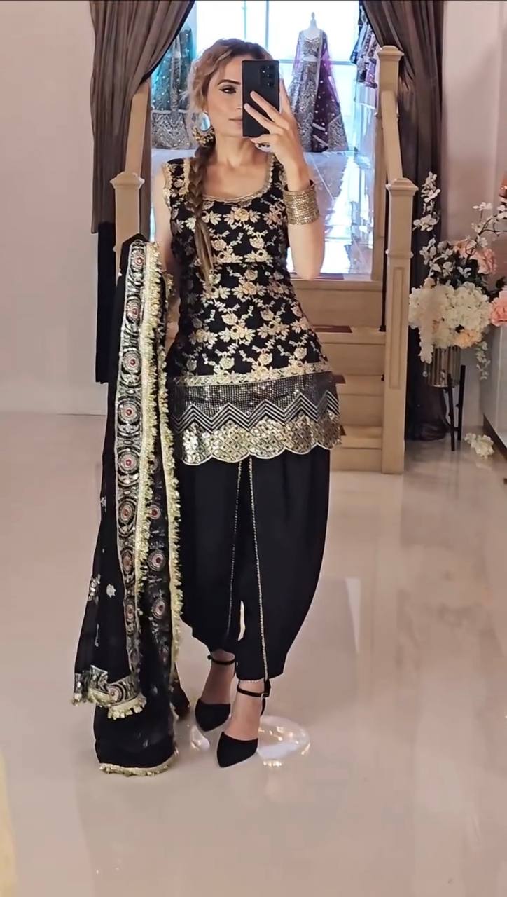 Classic Black Color Heavy Natural Crepe Silk With Sequence Work Dhoti Suit
