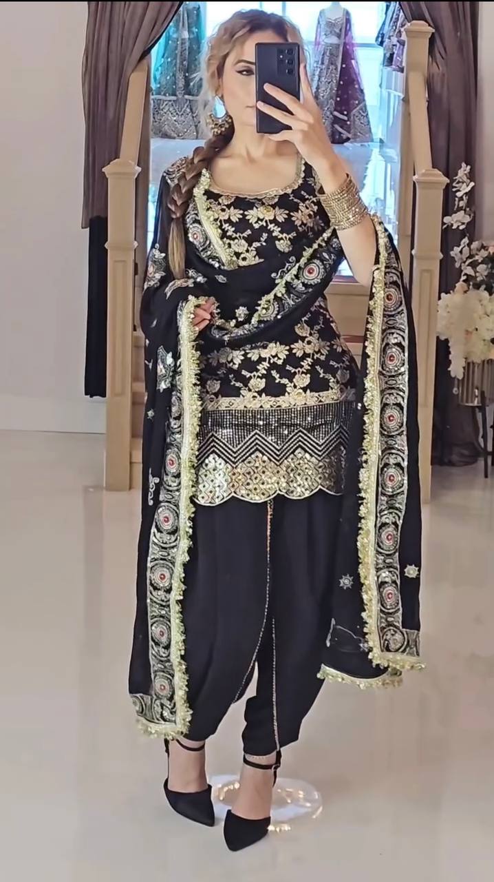 Classic Black Color Heavy Natural Crepe Silk With Sequence Work Dhoti Suit