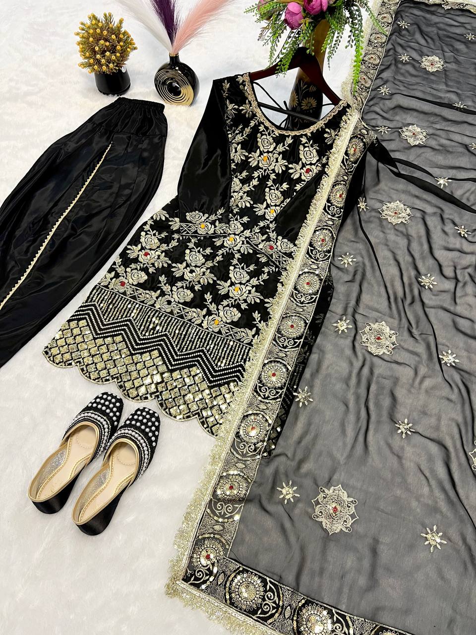 Classic Black Color Heavy Natural Crepe Silk With Sequence Work Dhoti Suit