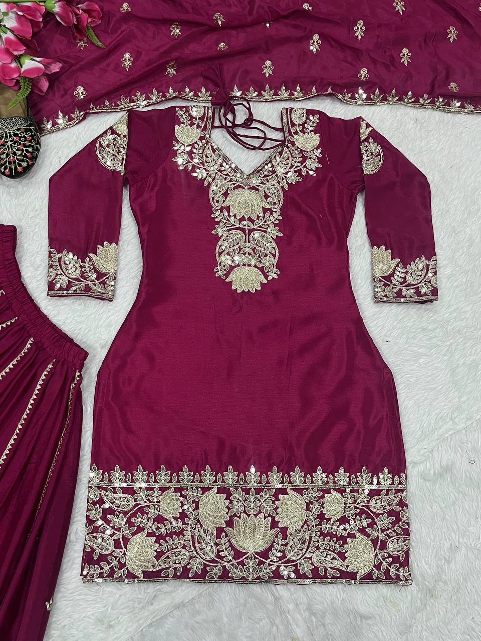 Party Wear Wine Color Chinon Silk With Heavy Embroidery Sequence Work Palazzo Suit