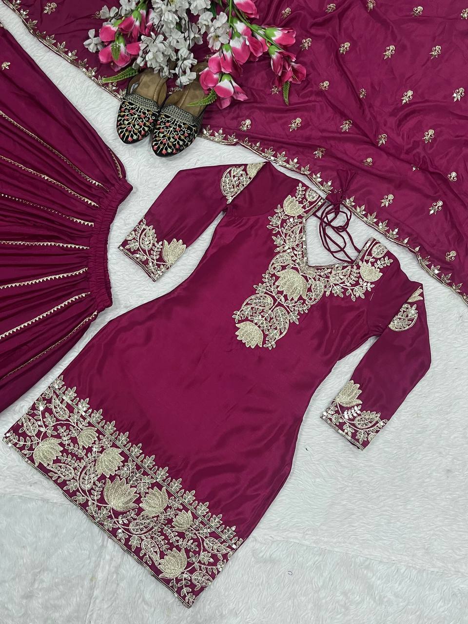 Party Wear Wine Color Chinon Silk With Heavy Embroidery Sequence Work Palazzo Suit