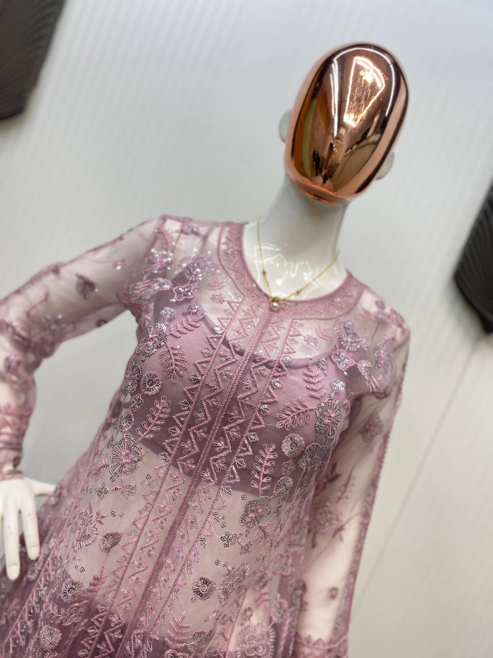 Ceremony Wear Dusty Pink Butterfly Net With Sequence Embroidery Work Palazzo Suit