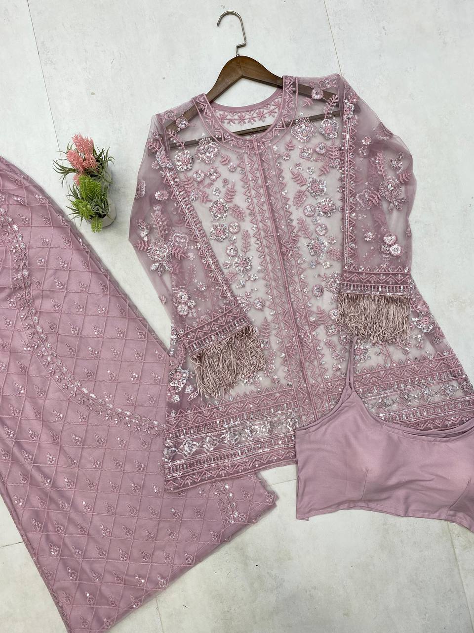 Ceremony Wear Dusty Pink Butterfly Net With Sequence Embroidery Work Palazzo Suit