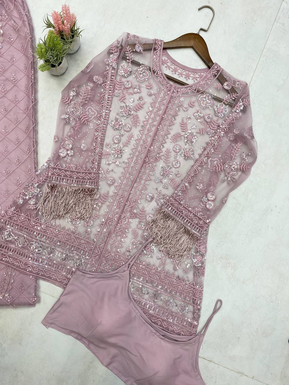 Ceremony Wear Dusty Pink Butterfly Net With Sequence Embroidery Work Palazzo Suit