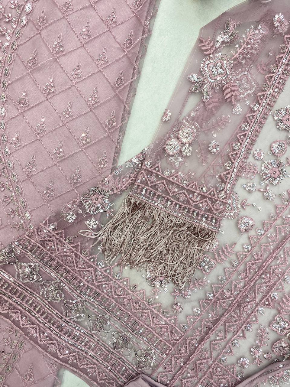 Ceremony Wear Dusty Pink Butterfly Net With Sequence Embroidery Work Palazzo Suit