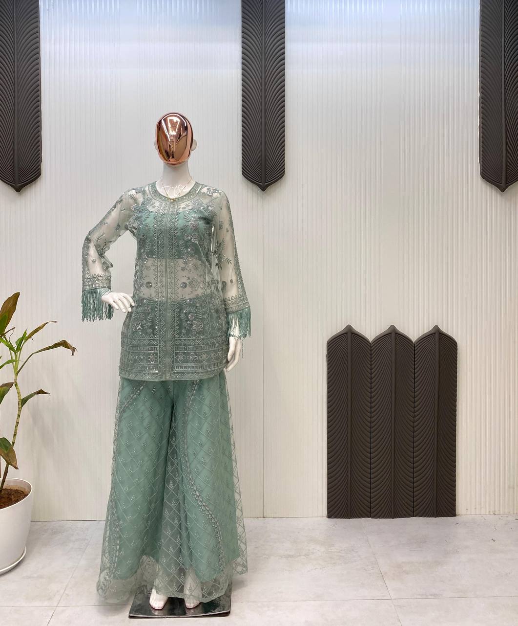 Ceremony Wear Green Butterfly Net With Sequence Embroidery Work Palazzo Suit