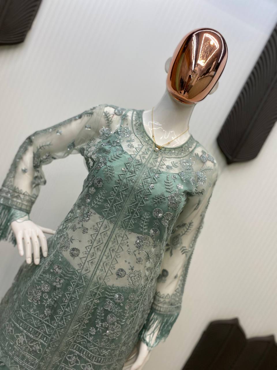 Ceremony Wear Green Butterfly Net With Sequence Embroidery Work Palazzo Suit