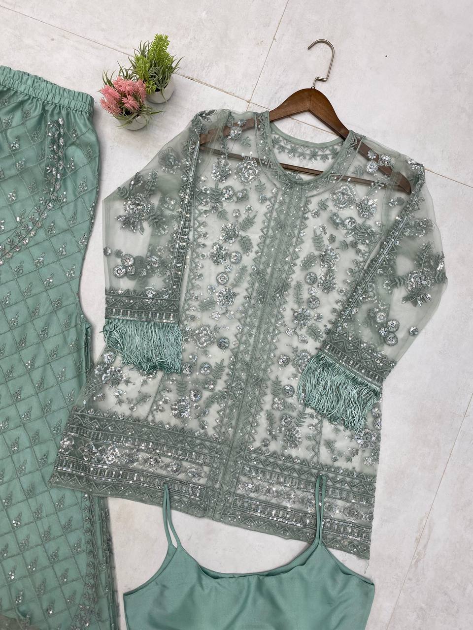 Ceremony Wear Green Butterfly Net With Sequence Embroidery Work Palazzo Suit