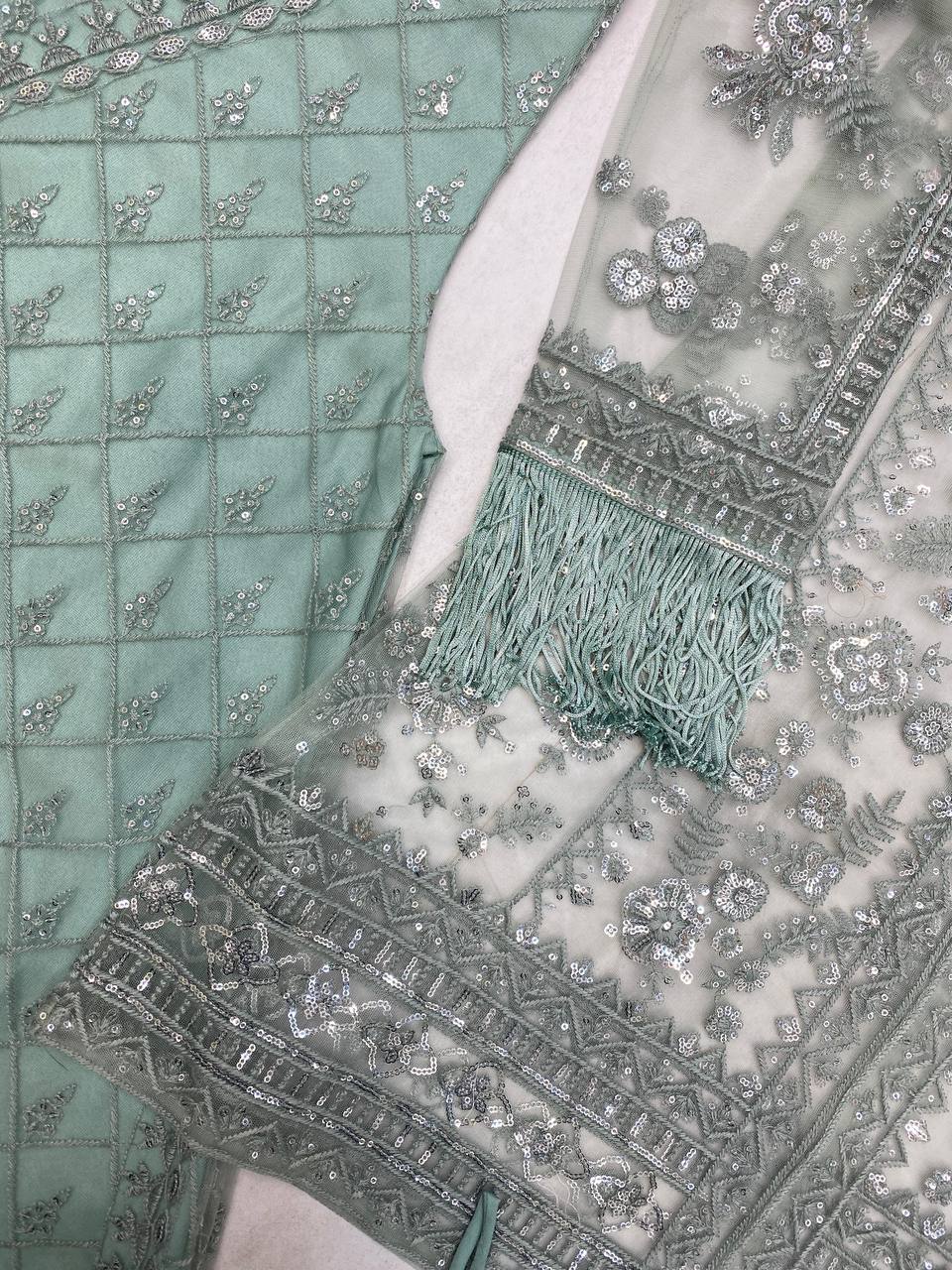 Ceremony Wear Green Butterfly Net With Sequence Embroidery Work Palazzo Suit