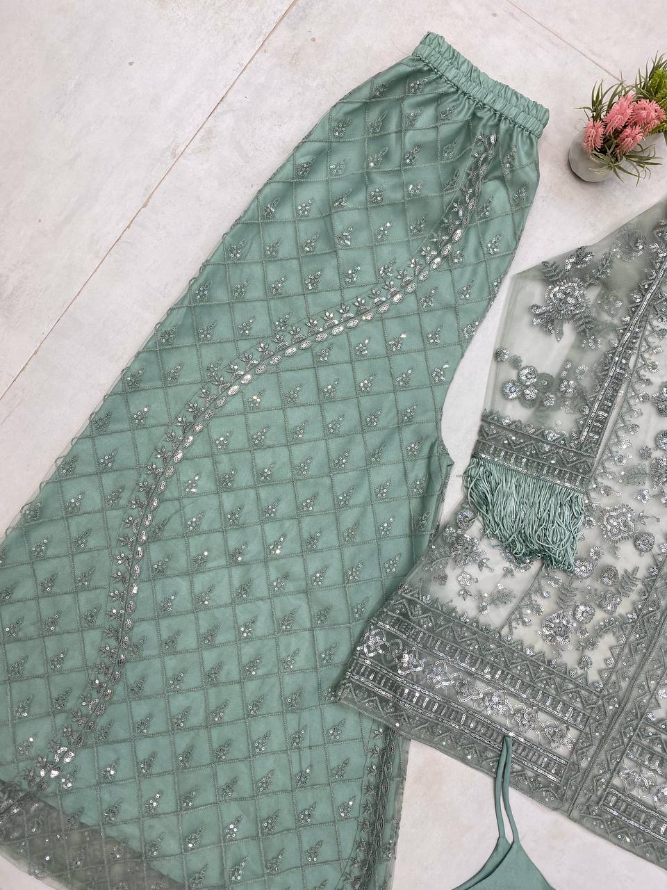 Ceremony Wear Green Butterfly Net With Sequence Embroidery Work Palazzo Suit