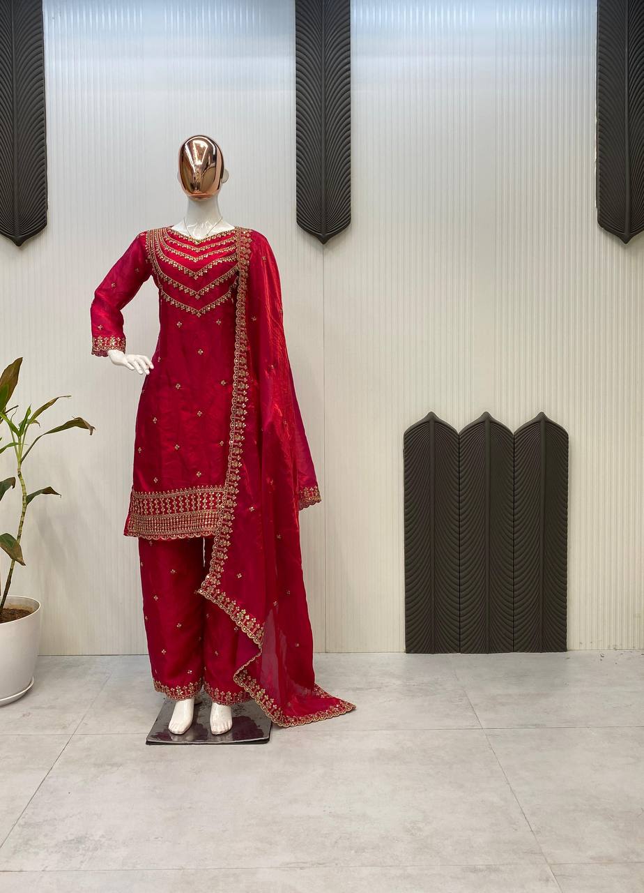 Alluring Dark Red Color Fendi Silk Sequence Embroidery Work Salwar Suit