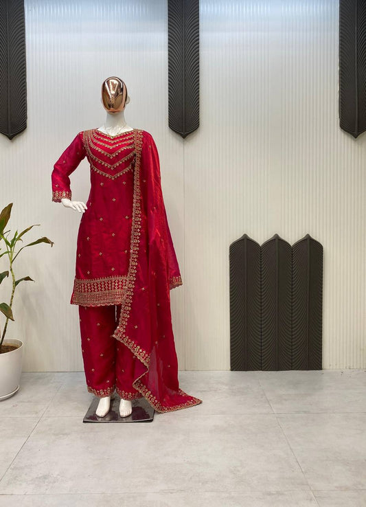 Alluring Dark Red Color Fendi Silk Sequence Embroidery Work Salwar Suit