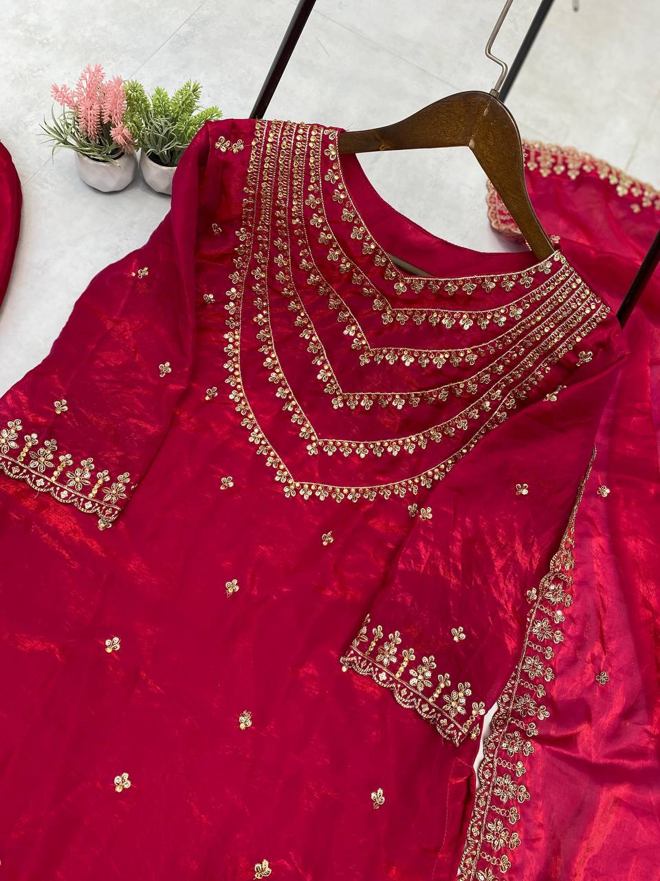 Alluring Dark Red Color Fendi Silk Sequence Embroidery Work Salwar Suit