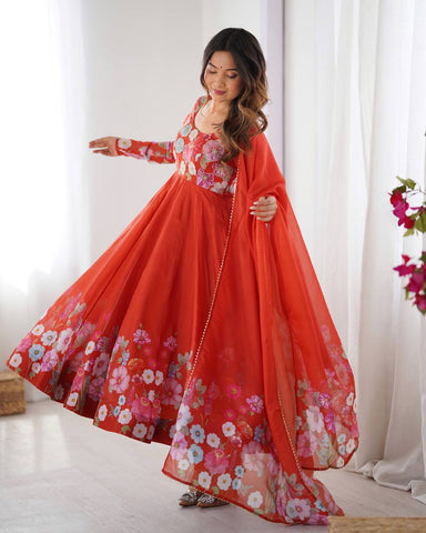 Wedding Wear Pure Soft Organza Silk Print Multi Flower Print Orange Color Anarkali Suit