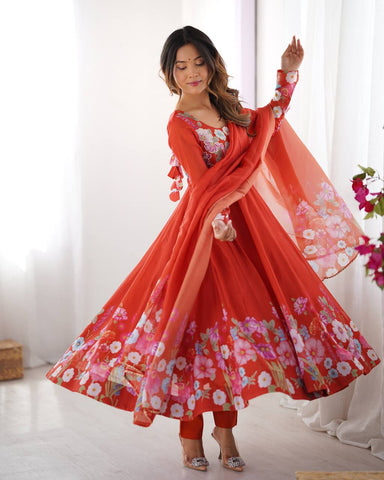 Wedding Wear Pure Soft Organza Silk Print Multi Flower Print Orange Color Anarkali Suit