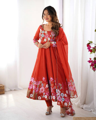 Wedding Wear Pure Soft Organza Silk Print Multi Flower Print Orange Color Anarkali Suit