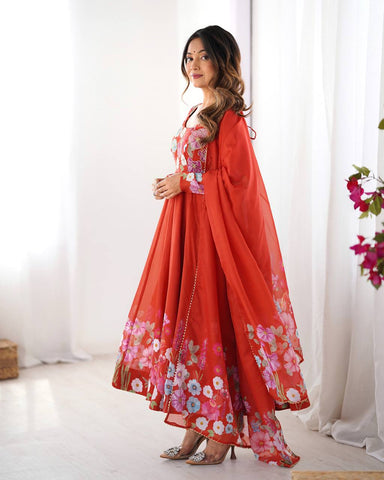 Wedding Wear Pure Soft Organza Silk Print Multi Flower Print Orange Color Anarkali Suit