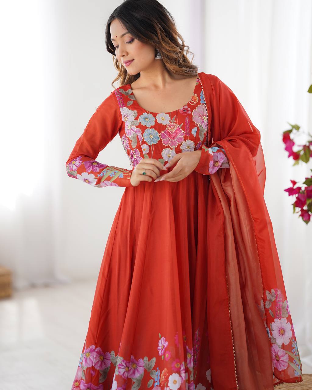 Wedding Wear Pure Soft Organza Silk Print Multi Flower Print Orange Color Anarkali Suit