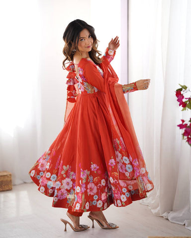Wedding Wear Pure Soft Organza Silk Print Multi Flower Print Orange Color Anarkali Suit