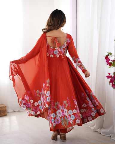 Wedding Wear Pure Soft Organza Silk Print Multi Flower Print Orange Color Anarkali Suit