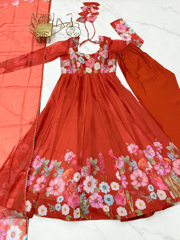 Wedding Wear Pure Soft Organza Silk Print Multi Flower Print Orange Color Anarkali Suit