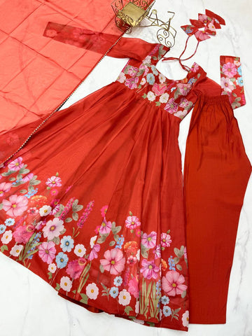 Wedding Wear Pure Soft Organza Silk Print Multi Flower Print Orange Color Anarkali Suit