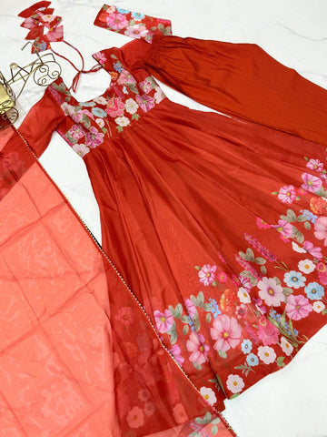 Wedding Wear Pure Soft Organza Silk Print Multi Flower Print Orange Color Anarkali Suit