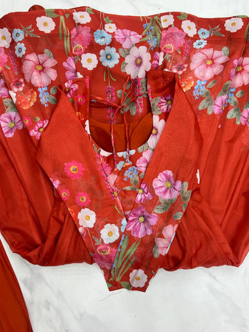 Wedding Wear Pure Soft Organza Silk Print Multi Flower Print Orange Color Anarkali Suit